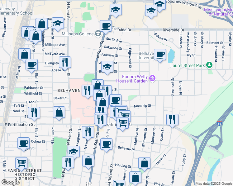 map of restaurants, bars, coffee shops, grocery stores, and more near 1355 North Jefferson Street in Jackson