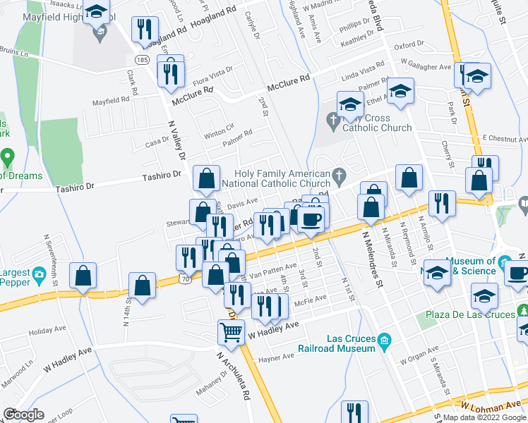 map of restaurants, bars, coffee shops, grocery stores, and more near 1104 Parker Road in Las Cruces