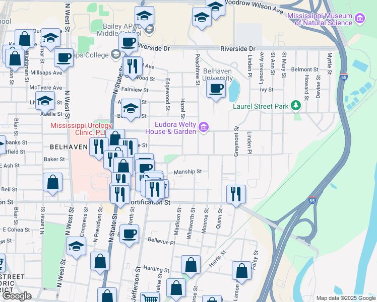 map of restaurants, bars, coffee shops, grocery stores, and more near 1010 Poplar Boulevard in Jackson