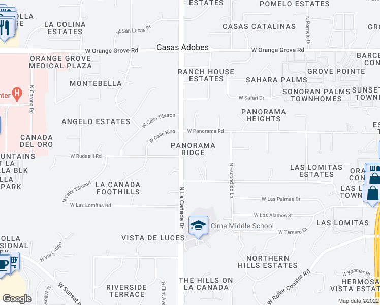 map of restaurants, bars, coffee shops, grocery stores, and more near 6033 North Panorama Ridge Place in Tucson