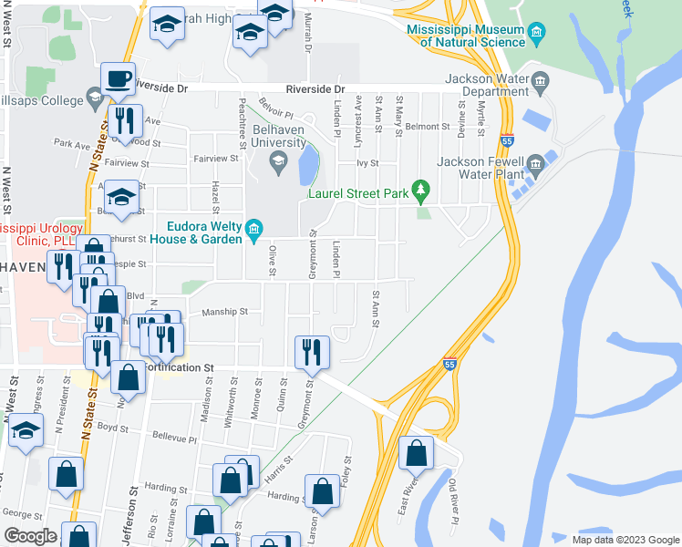 map of restaurants, bars, coffee shops, grocery stores, and more near 1500 Poplar Blvd in Jackson
