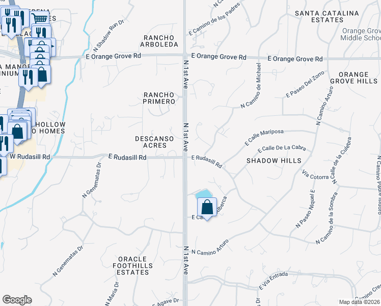 map of restaurants, bars, coffee shops, grocery stores, and more near 701 East Rudasill Road in Tucson