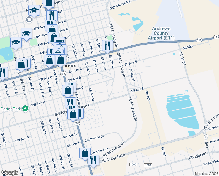map of restaurants, bars, coffee shops, grocery stores, and more near 408 Southeast 6th Street in Andrews
