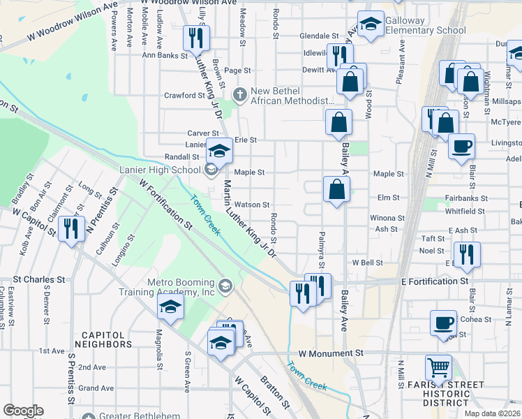 map of restaurants, bars, coffee shops, grocery stores, and more near 623 Watson Street in Jackson