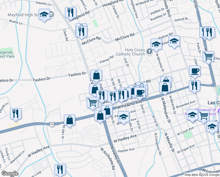 map of restaurants, bars, coffee shops, grocery stores, and more near 1190 Douglas Drive in Las Cruces
