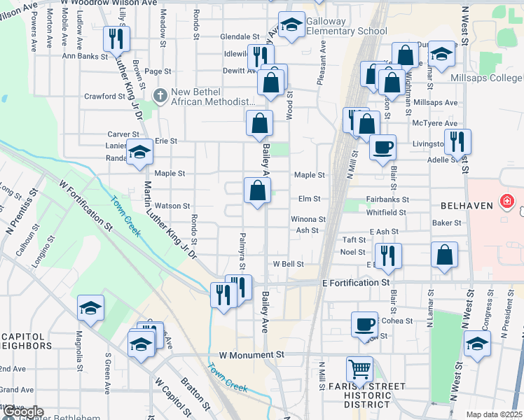 map of restaurants, bars, coffee shops, grocery stores, and more near 1225 Bailey Avenue in Jackson