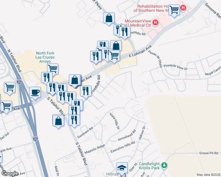 map of restaurants, bars, coffee shops, grocery stores, and more near 733 City View Drive in Las Cruces