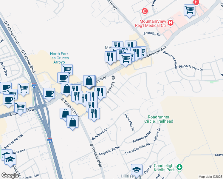 map of restaurants, bars, coffee shops, grocery stores, and more near 703 Horizon View Drive in Las Cruces