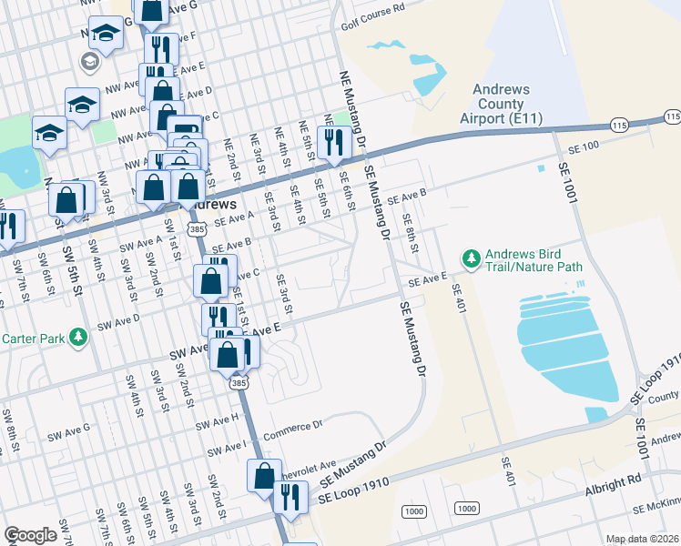 map of restaurants, bars, coffee shops, grocery stores, and more near 408 Southeast 6th Street in Andrews