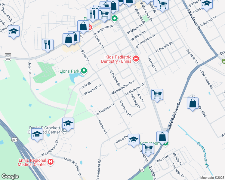 map of restaurants, bars, coffee shops, grocery stores, and more near 907 Edgewood Street in Ennis