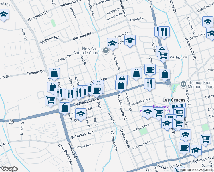 map of restaurants, bars, coffee shops, grocery stores, and more near 1021 Pueblo Street in Las Cruces