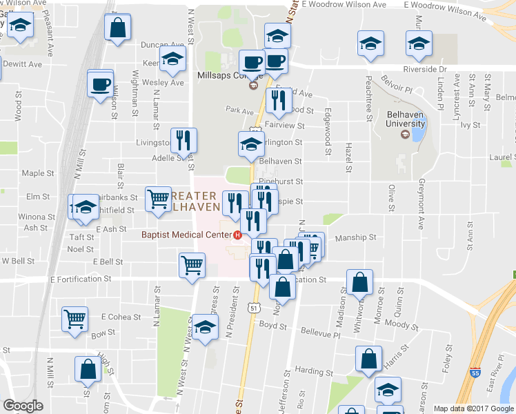 map of restaurants, bars, coffee shops, grocery stores, and more near 1330 North State Street in Jackson