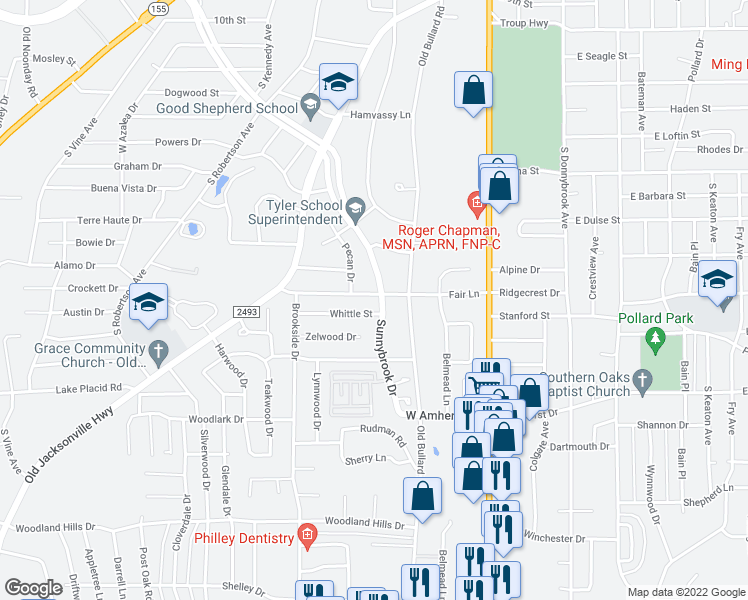 map of restaurants, bars, coffee shops, grocery stores, and more near 506 Fair Lane in Tyler