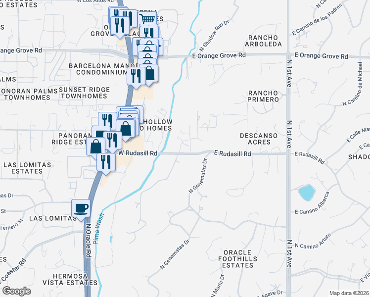 map of restaurants, bars, coffee shops, grocery stores, and more near 55 East Rudasill Road in Tucson