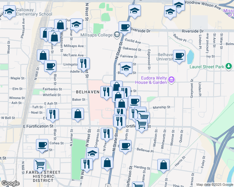 map of restaurants, bars, coffee shops, grocery stores, and more near 1330 North State Street in Jackson