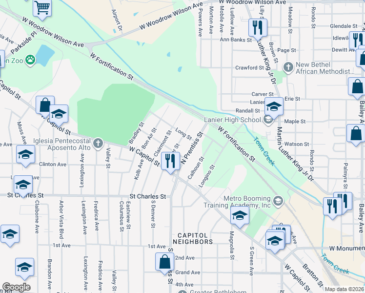 map of restaurants, bars, coffee shops, grocery stores, and more near 212 Denver Street in Jackson