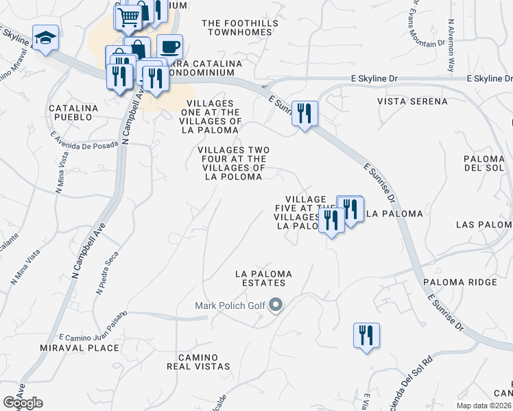 map of restaurants, bars, coffee shops, grocery stores, and more near 6015 North Camino Preciado in Tucson