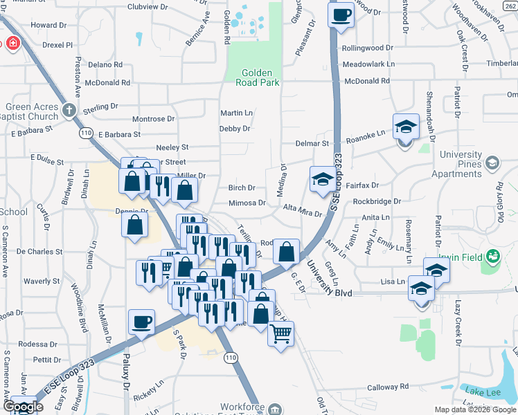 map of restaurants, bars, coffee shops, grocery stores, and more near 2401 Mimosa Drive in Tyler