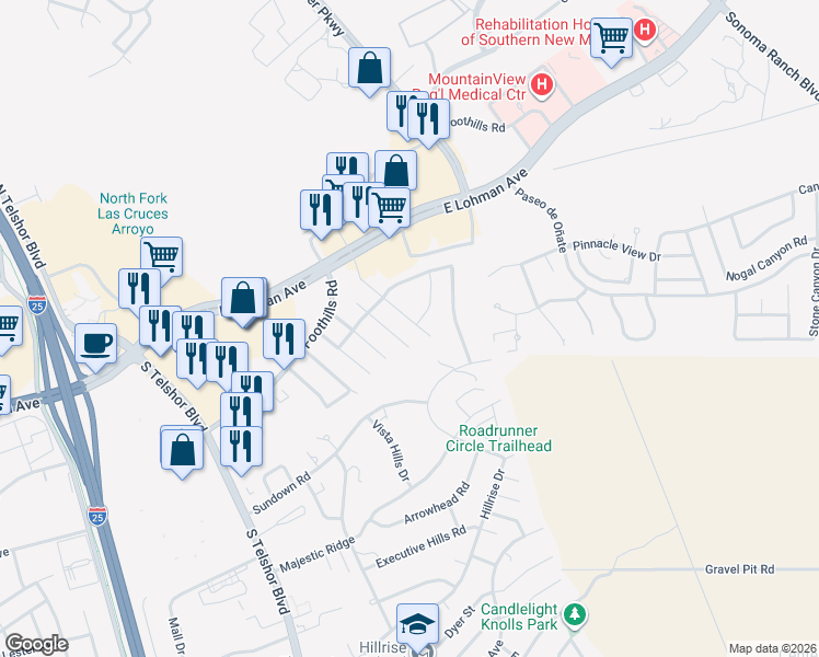 map of restaurants, bars, coffee shops, grocery stores, and more near 760 Indian Hollow Road in Las Cruces