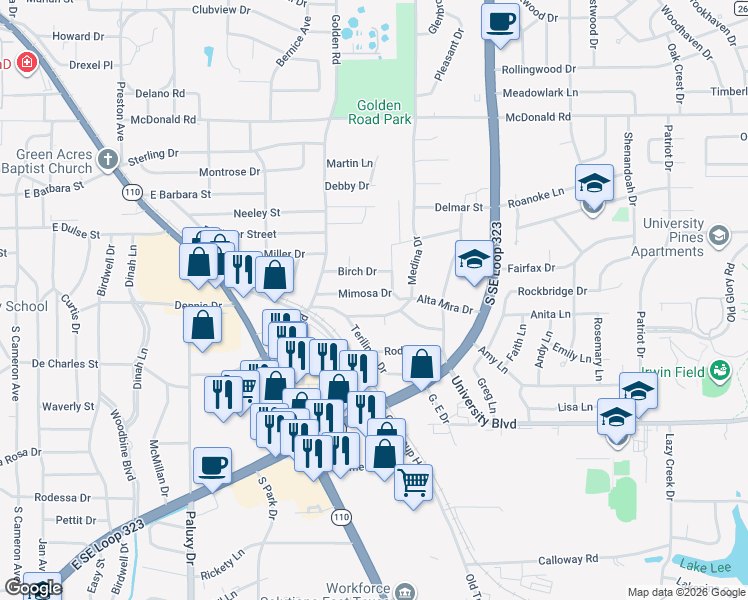 map of restaurants, bars, coffee shops, grocery stores, and more near 2401 Mimosa Drive in Tyler