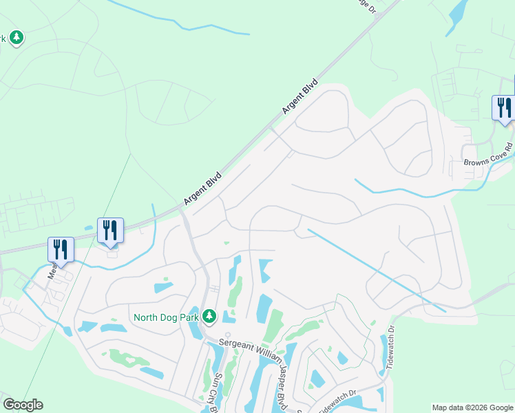 map of restaurants, bars, coffee shops, grocery stores, and more near 2036 Northlake Boulevard in Bluffton