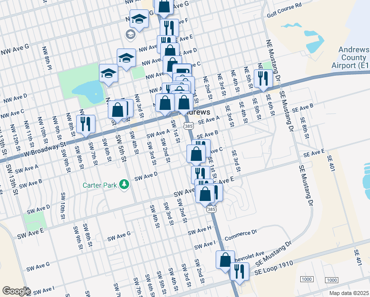 map of restaurants, bars, coffee shops, grocery stores, and more near 102 Southwest Avenue C in Andrews