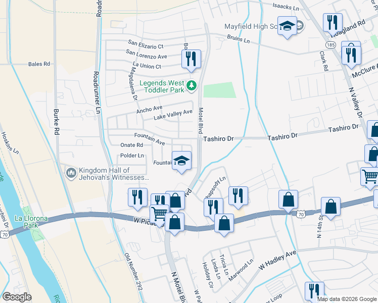 map of restaurants, bars, coffee shops, grocery stores, and more near 1266 Fountain Loop in Las Cruces
