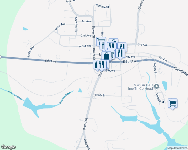 map of restaurants, bars, coffee shops, grocery stores, and more near Baker Street in Buena Vista