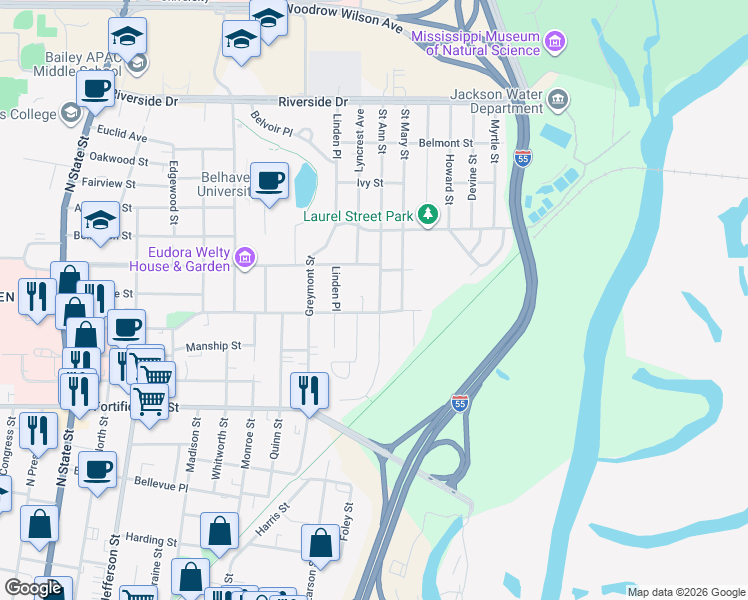 map of restaurants, bars, coffee shops, grocery stores, and more near 1622 Poplar Boulevard in Jackson
