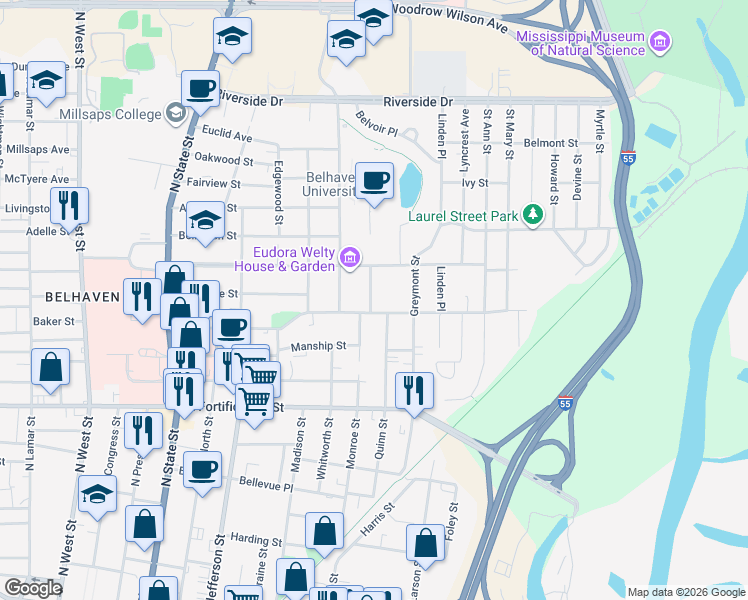 map of restaurants, bars, coffee shops, grocery stores, and more near 1308 Olive Street in Jackson