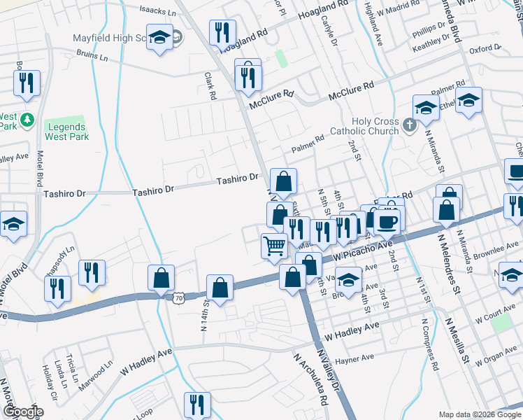 map of restaurants, bars, coffee shops, grocery stores, and more near in Las Cruces