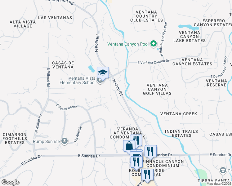 map of restaurants, bars, coffee shops, grocery stores, and more near 5855 North Kolb Road in Tucson