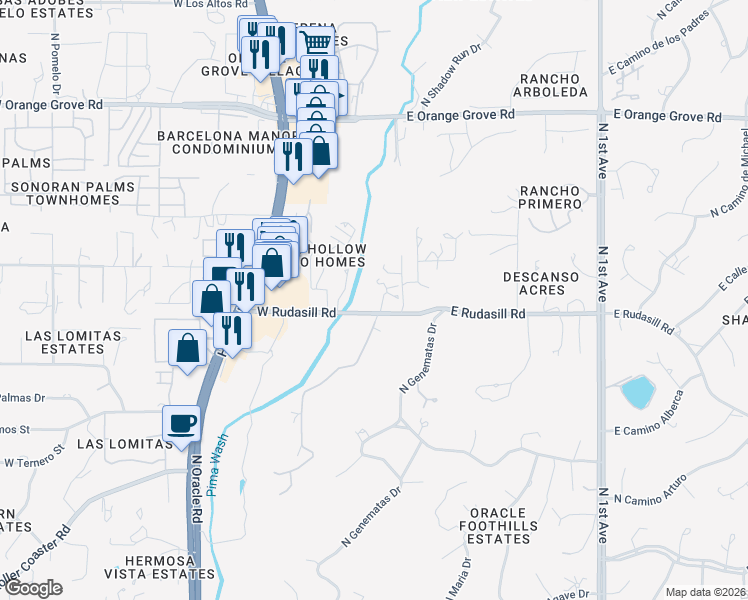 map of restaurants, bars, coffee shops, grocery stores, and more near 25 East Rudasill Road in Tucson