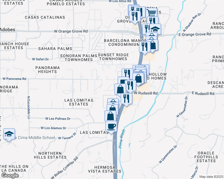 map of restaurants, bars, coffee shops, grocery stores, and more near 6031 North Panorama Park Drive in Tucson