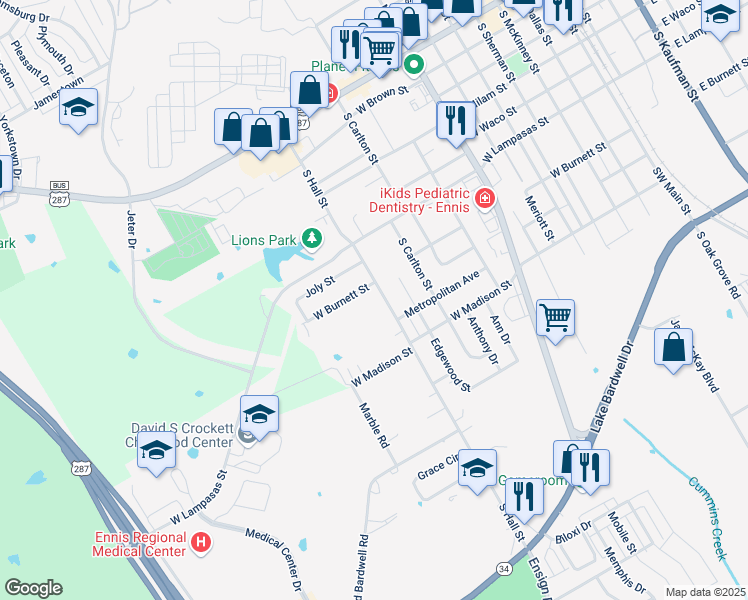 map of restaurants, bars, coffee shops, grocery stores, and more near 803 S Hall St in Ennis