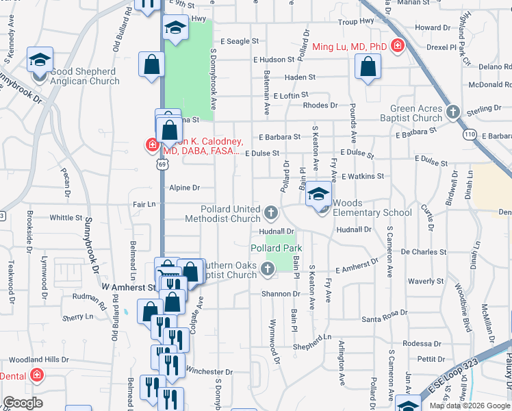 map of restaurants, bars, coffee shops, grocery stores, and more near 600 Clyde Drive in Tyler