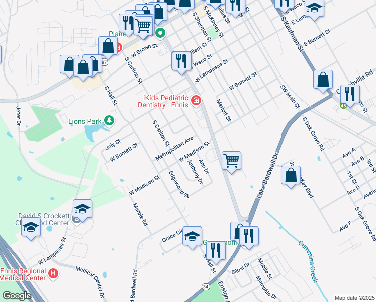 map of restaurants, bars, coffee shops, grocery stores, and more near 812 West Madison Street in Ennis