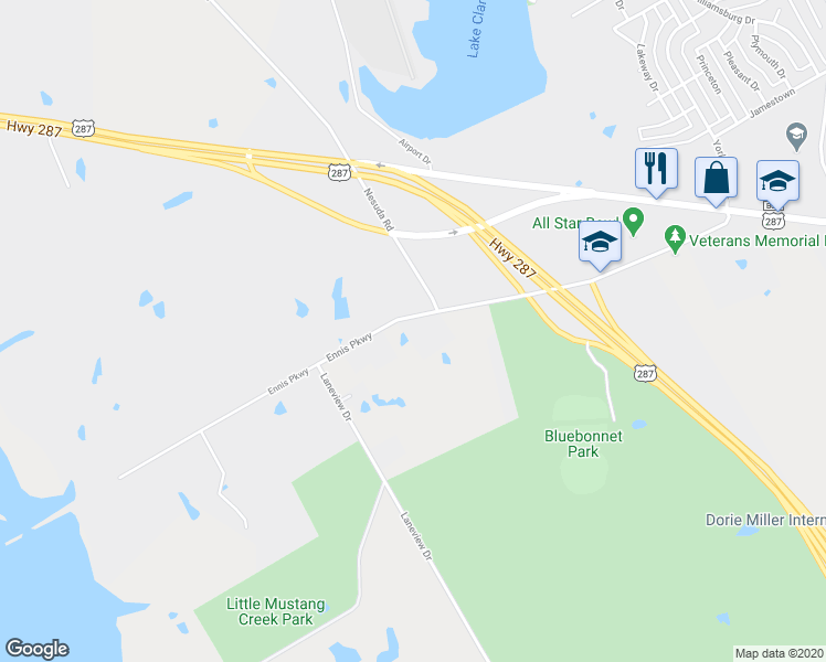map of restaurants, bars, coffee shops, grocery stores, and more near 3401 Ennis Parkway in Ennis