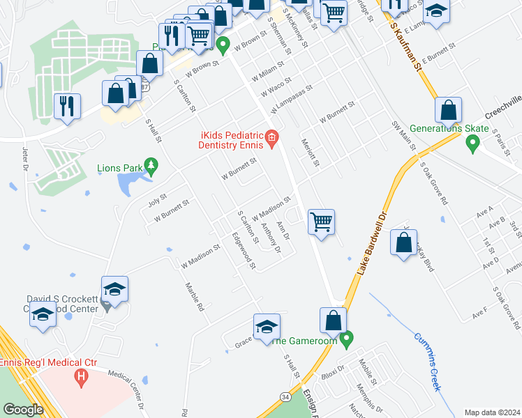 map of restaurants, bars, coffee shops, grocery stores, and more near 814 West Madison Street in Ennis