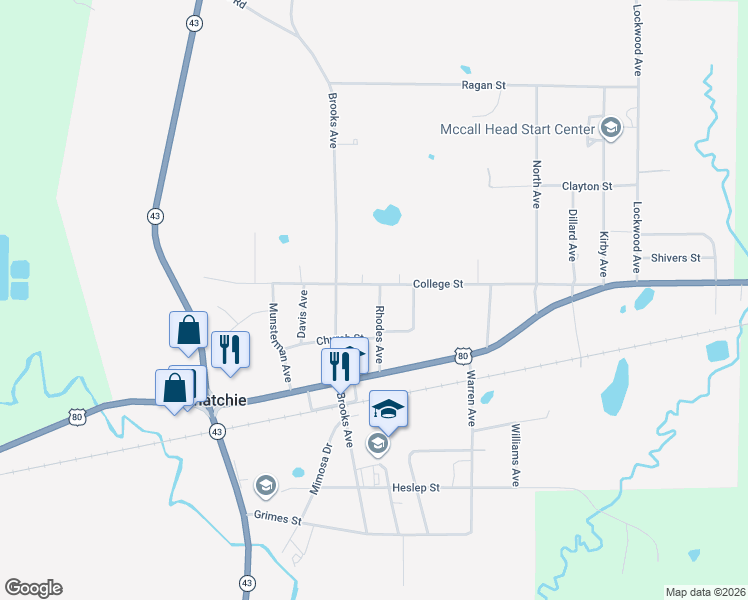 map of restaurants, bars, coffee shops, grocery stores, and more near 207 Rhodes Avenue in Pelahatchie