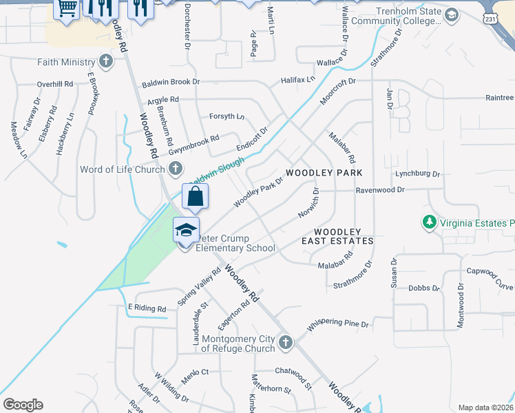 map of restaurants, bars, coffee shops, grocery stores, and more near 3542 Malabar Road in Montgomery