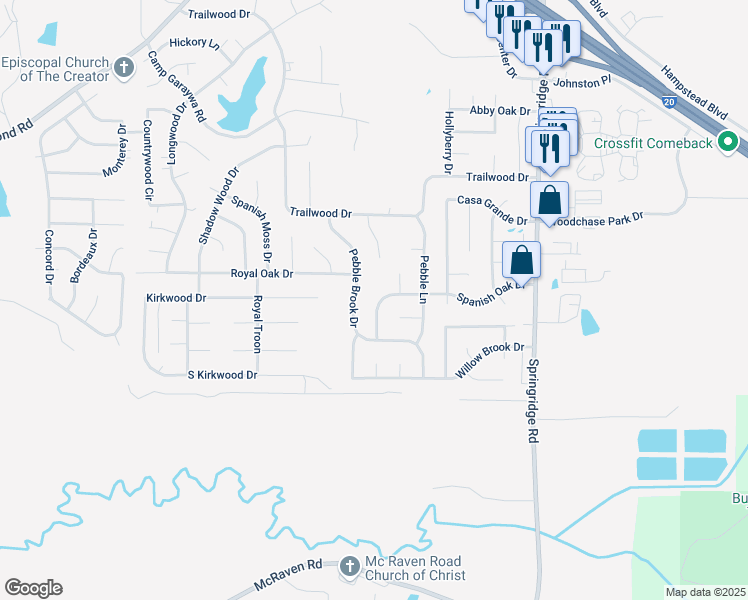 map of restaurants, bars, coffee shops, grocery stores, and more near 210 Spanish Oak Drive in Clinton