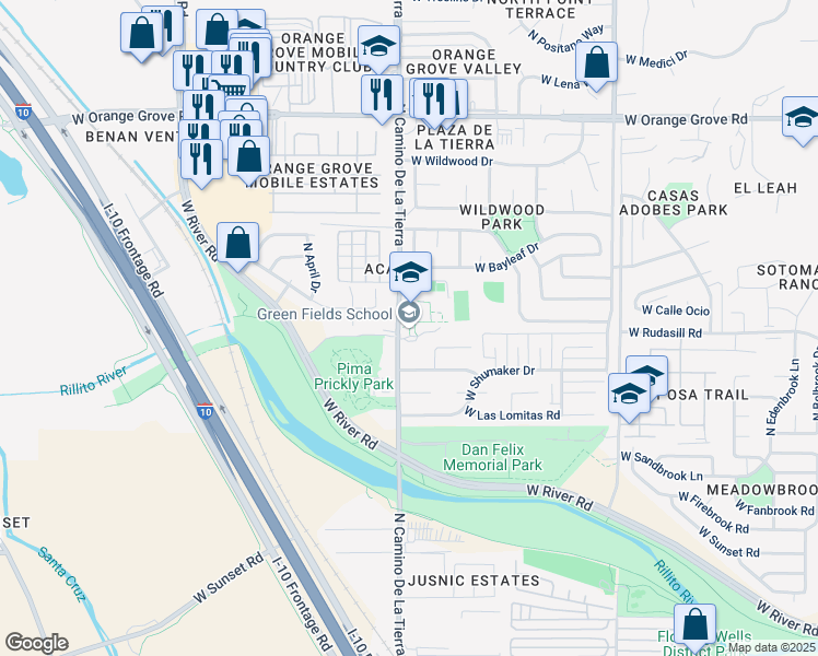 map of restaurants, bars, coffee shops, grocery stores, and more near 6000 North Camino De La Tierra in Tucson