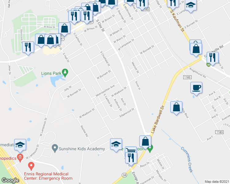 map of restaurants, bars, coffee shops, grocery stores, and more near 812 West Madison Street in Ennis