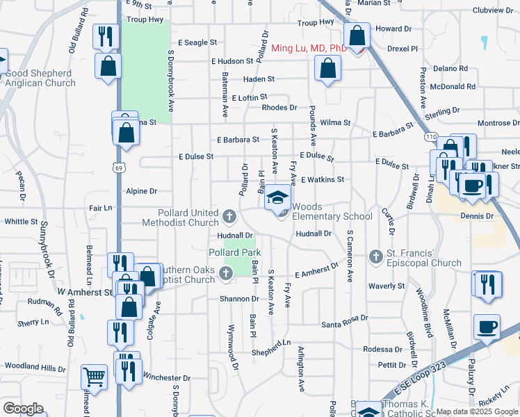 map of restaurants, bars, coffee shops, grocery stores, and more near 809 Clyde Drive in Tyler