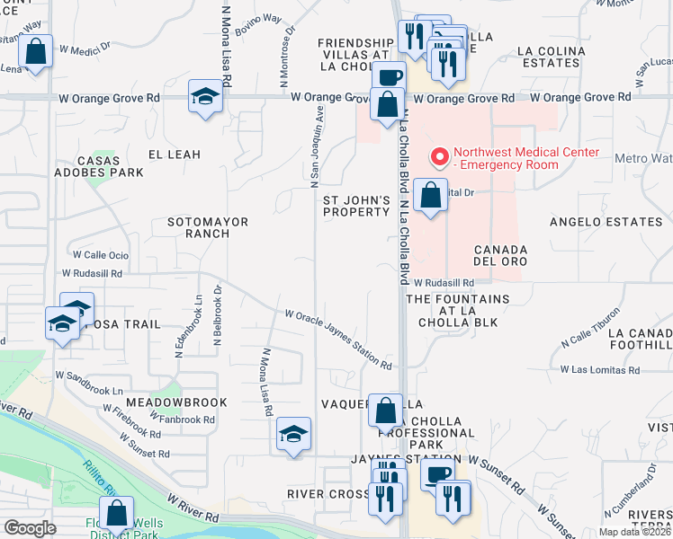 map of restaurants, bars, coffee shops, grocery stores, and more near 6040 North San Joaquin Avenue in Tucson