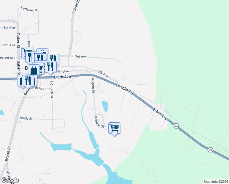 map of restaurants, bars, coffee shops, grocery stores, and more near 119 Winkfield Drive in Buena Vista