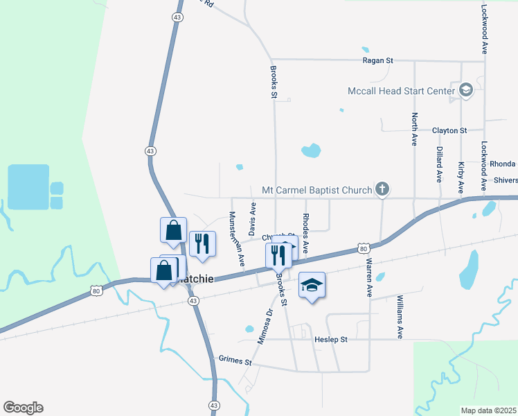 map of restaurants, bars, coffee shops, grocery stores, and more near 106 Davis Avenue in Pelahatchie