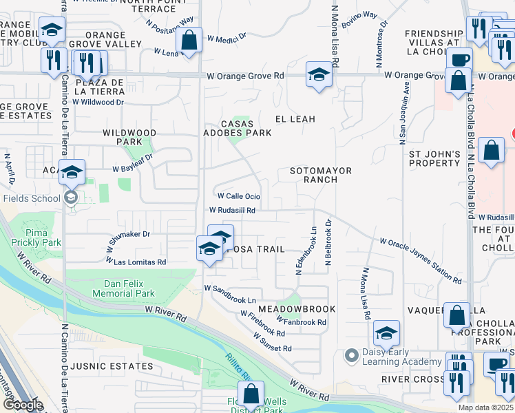 map of restaurants, bars, coffee shops, grocery stores, and more near 2714 West Rudasill Road in Tucson