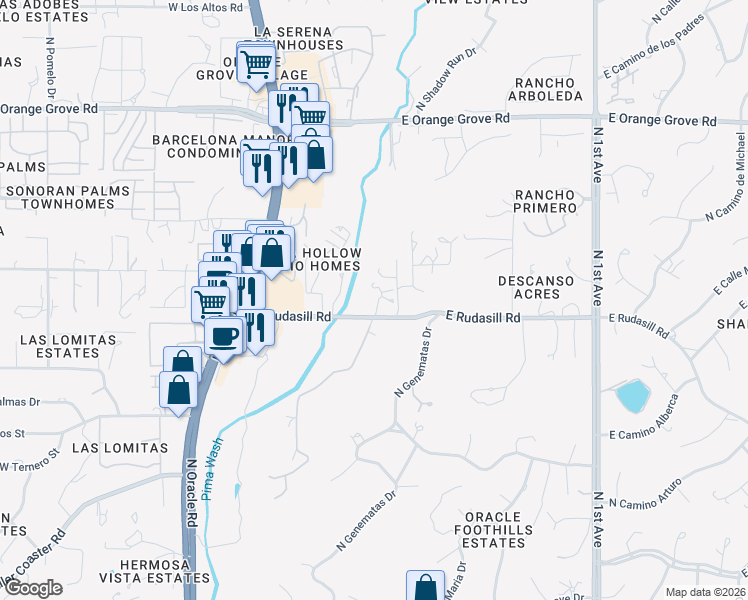 map of restaurants, bars, coffee shops, grocery stores, and more near 25 East Rudasill Road in Tucson